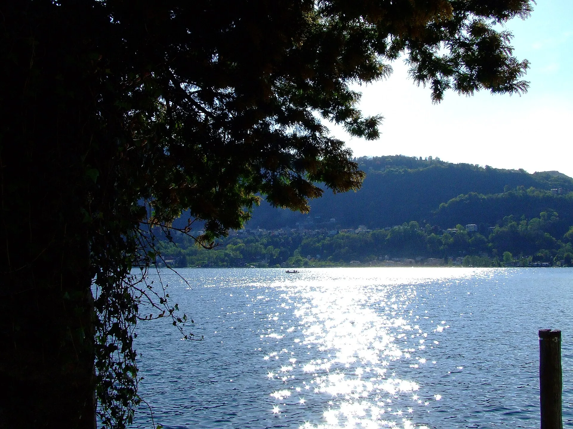Il Lago d'Orta visto dalla riva tra gli alberi